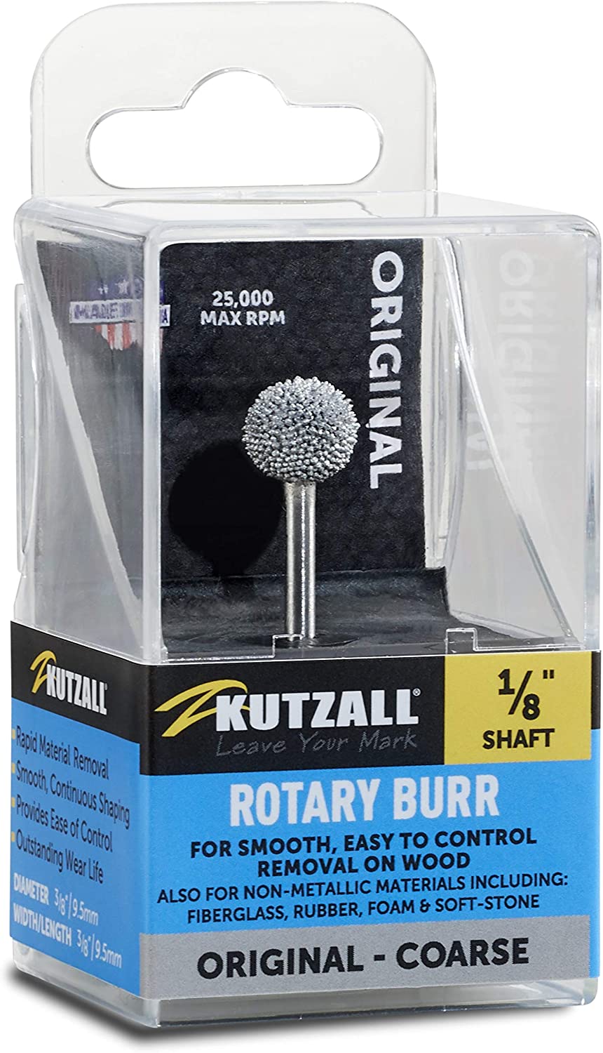 Kutzall Original Sphere Rotary Burr 1⁄8" Shaft, Coarse - Woodworking Attachment for Dremel, Foredom, DeWalt, Milwaukee Tools. Abrasive Tungsten Carbide Coating, 3⁄8" (9.5mm) Head Diameter, S-38-E image 1