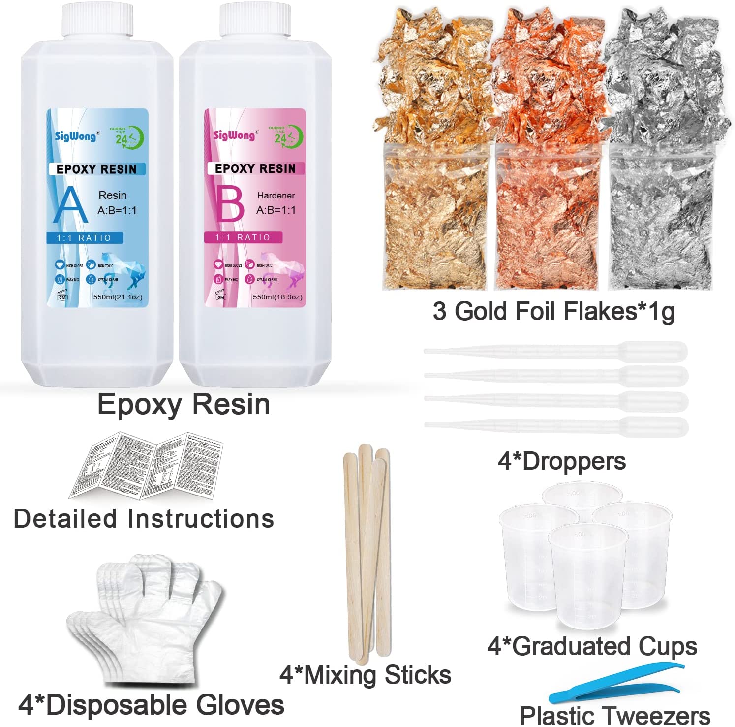 Epoxy Resin Clear Crystal Coating Kit 40oz - 2 Part Casting Resin for Art, Craft, Jewelry Making, River Tables, Bonus Gloves, Measuring Cup, Wooden Sticks, Dropper, Gold Foil Flakes and Tweezers image 1
