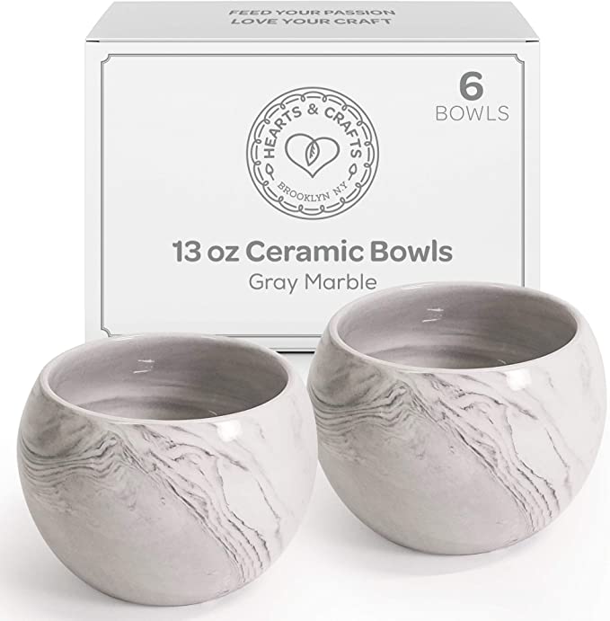 Hearts &amp; Crafts Gray Marble Ceramic Bowls for Candle Making - Multi-Use Ceramic Pots for Arts &amp; Crafts, Storage, Candies, Planter Pots, Gifts &amp; More (13 oz, Set of 6) image 0