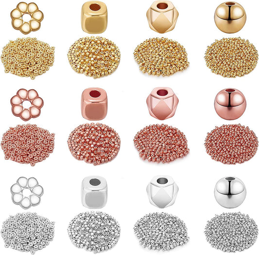 3600 Pieces Assorted Spacer Beads Faceted Rondelle Cube Beads Square Spacer Column Beads Round Crystal Jewelry Beads Flower Spacer Beads for DIY Jewelry Making Loose Beads, 3 Colors and 4 Styles image 0