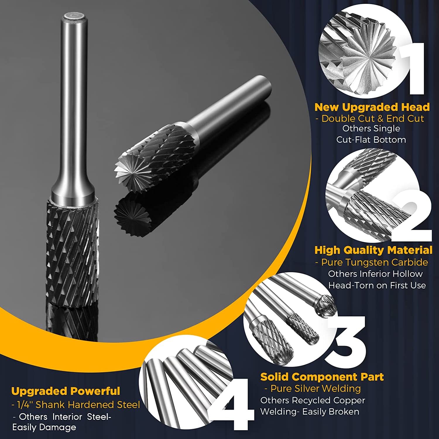 WHISTECK Carbide Burr Set, 8Pcs Double Cut Tungsten Carbide Rotary Burr set, 1/4 inch Shank Die Grinder Bits, Carbide Rotary File for Metal Wood Carving, Engraving, Polishing,Drilling image 4