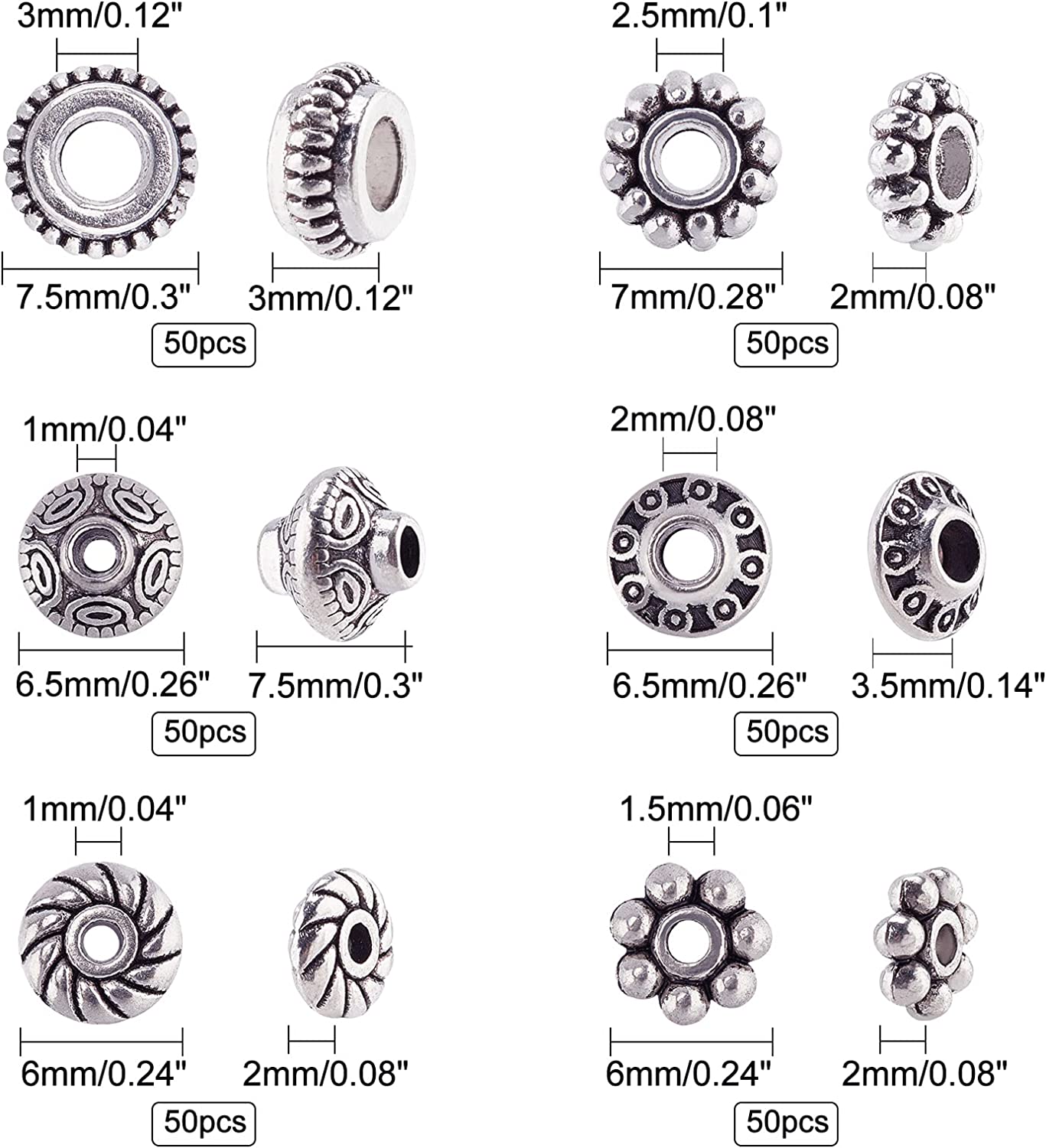 PH PandaHall 300pcs 6 Style Antique Silver Spacer Beads, Tibetan Metal Alloy Jewelry Beads Tube Spacers Flower Flat Rondelle Small Loose Beads for Bracelet Necklace Earring Jewelry Making Supplies image 2