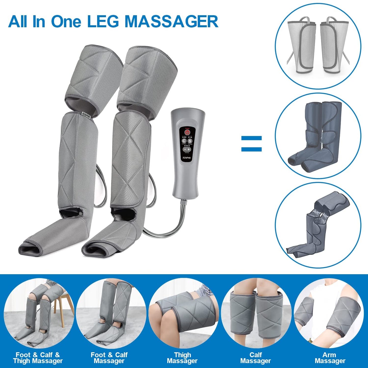 RENPHO Leg Massager for Circulation and Pain Relief, Air Compression Foot Leg Calf Thigh Massage, Helps for Reduce Swelling, Muscle Relaxation, 6 Modes 4 Intensities, Gifts Ideas image 2