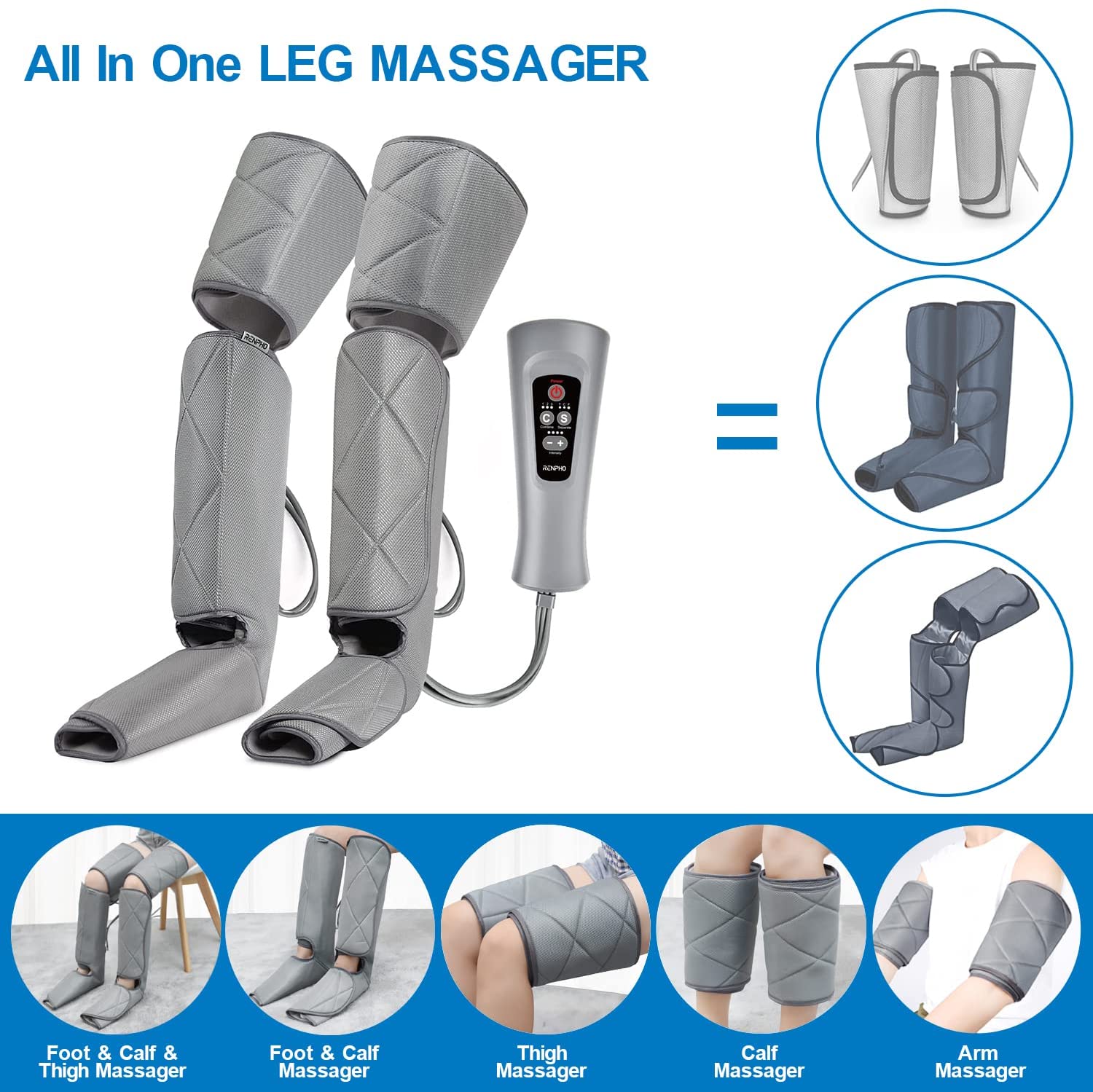 RENPHO Leg Massager for Circulation and Pain Relief, Air Compression Foot Leg Calf Thigh Massage, Helps for Reduce Swelling, Muscle Relaxation, 6 Modes 4 Intensities, Gifts Ideas image 2