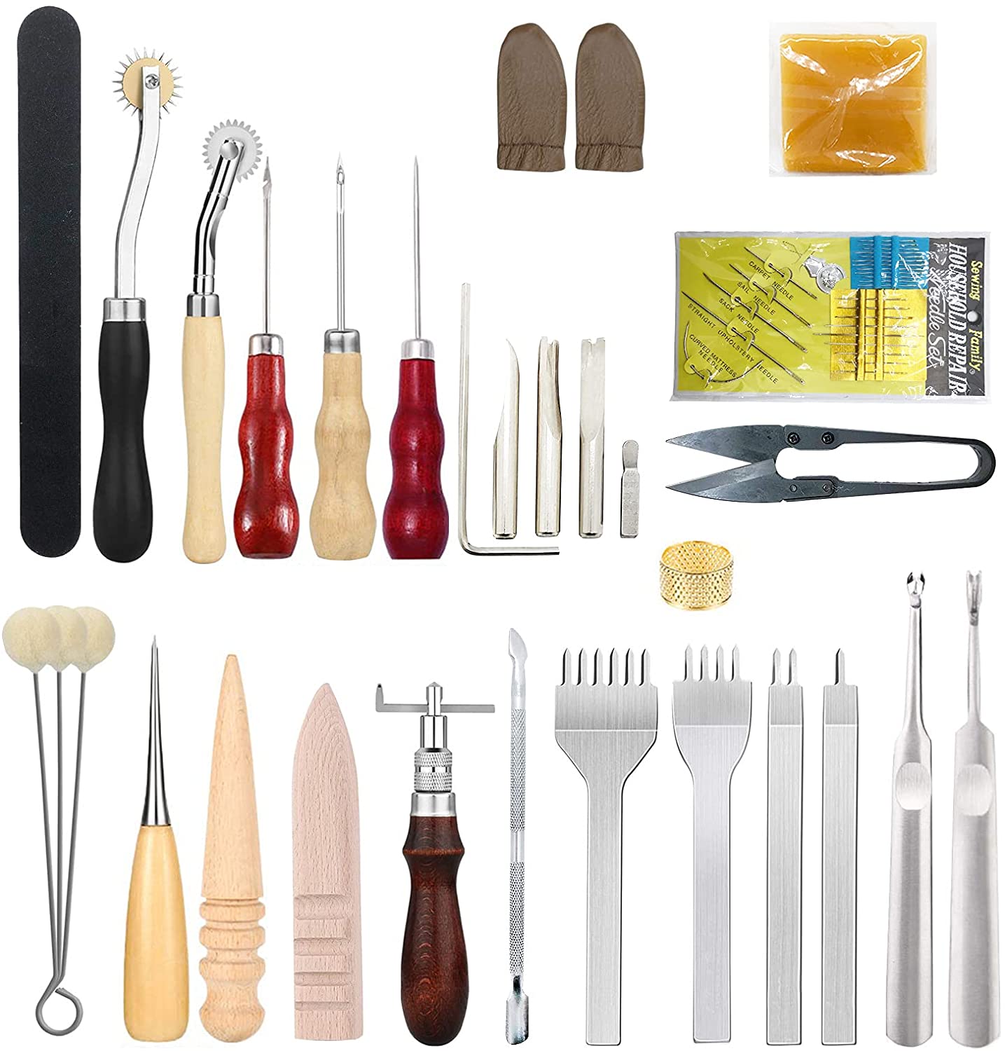 PLANTIONAL Leather Crafting Tools and Supplies: 26 Pieces Leather Working Tools Set with Groover Awl Waxed Thread Thimble Kit for Stitching Punching Cutting Sewing Leather Craft Making image 0