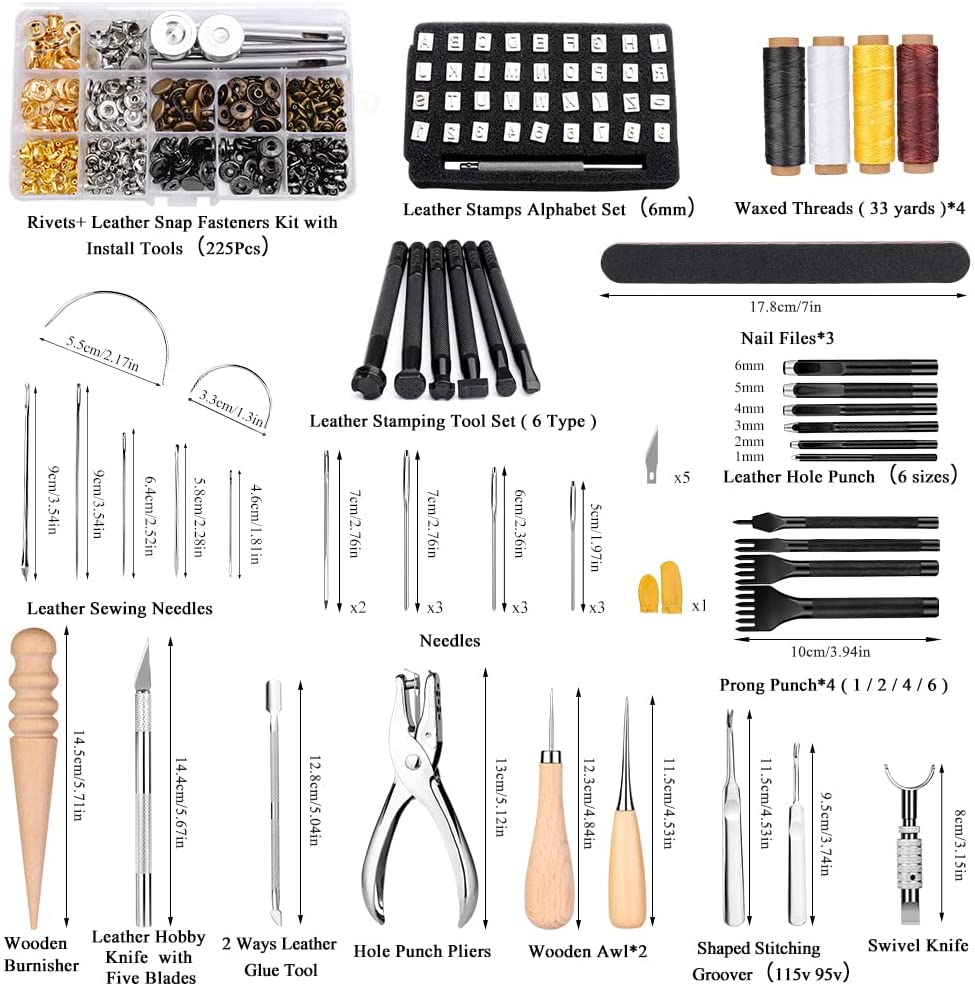 IMZAY 304Pcs Leather Tooling Working Kit, Compact Beginner Leather Tools and Supplies with Leather Stitching Sewing Carving Cutting Crafting Tools for Leather Sheath Wallet Belt Boot Seat Sewing image 2