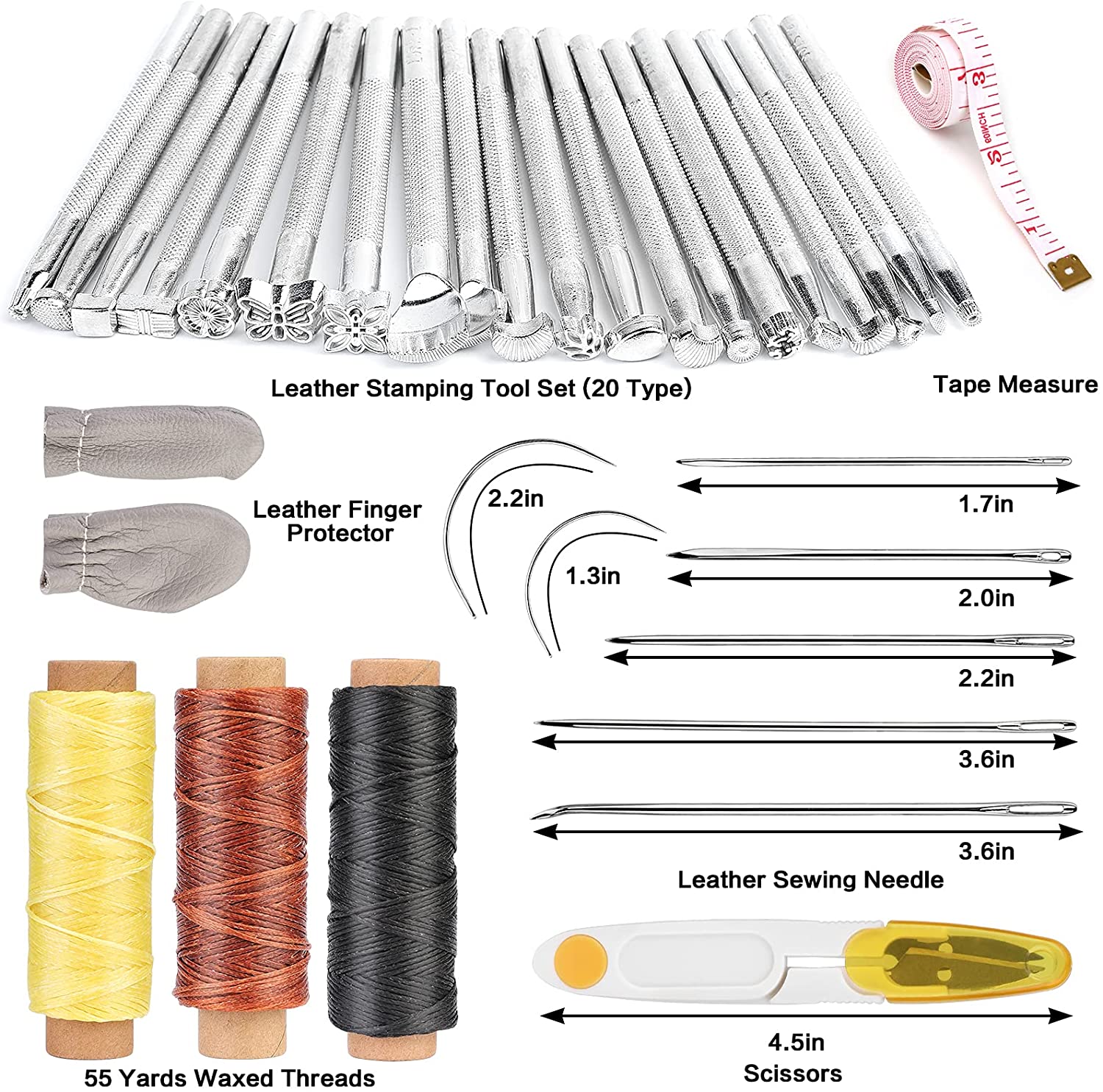 50 Pieces Leather Working Tools and Supplies with Leather Tool Box Prong Punch Edge Beveler Wax Ropes Needles Perfect for Stitching Punching Cutting Sewing Leather Craft Making image 2