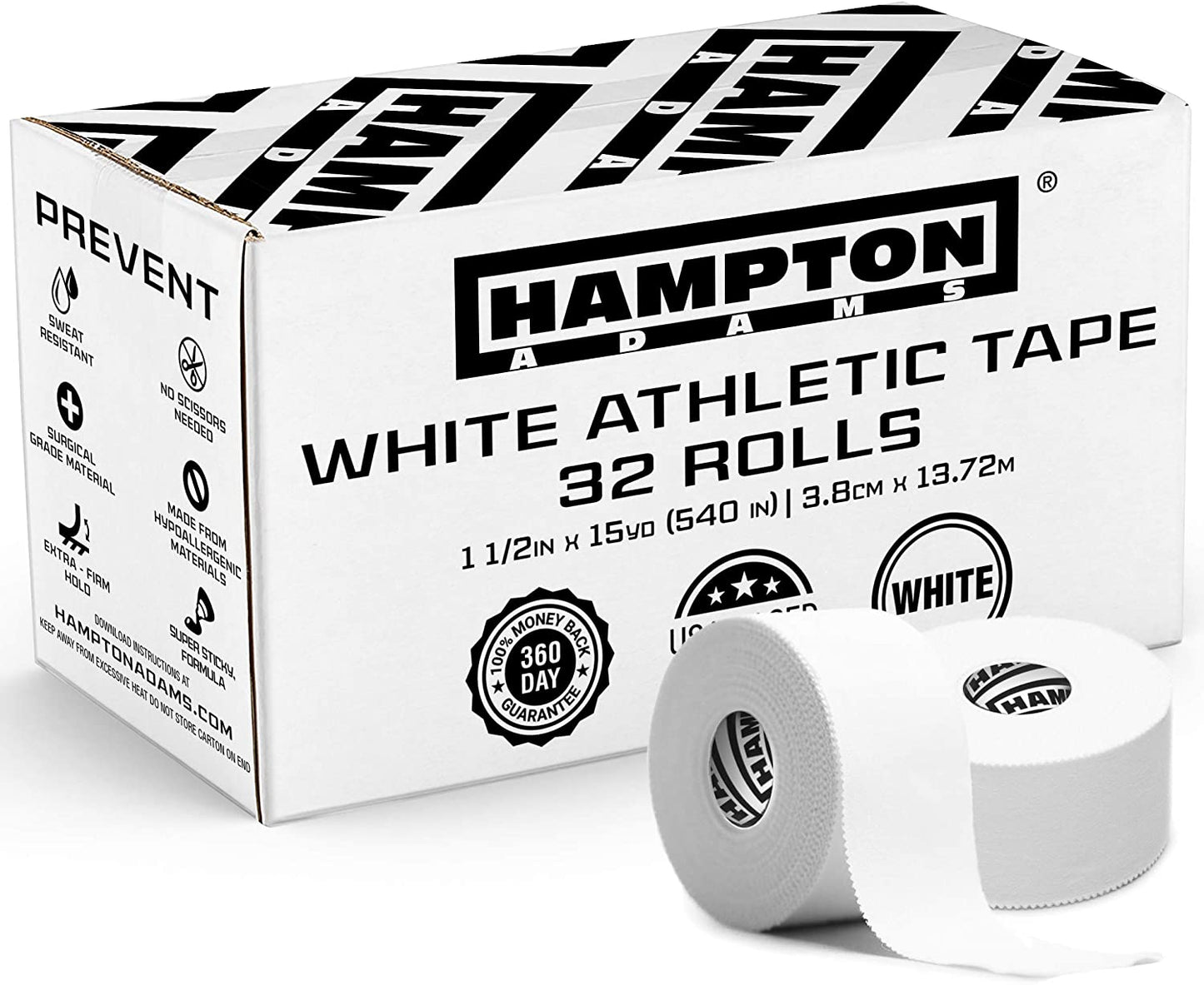 Hampton Adams (32 Pack) White Bulk Athletic Tape - 1.5" x 45 feet Per Roll - NO Sticky Residue &amp; Easy to Tear - Perfect for Sports Athletes, Trainers &amp; First Aid Injury Wrap: Fingers Ankles Wrist image 0