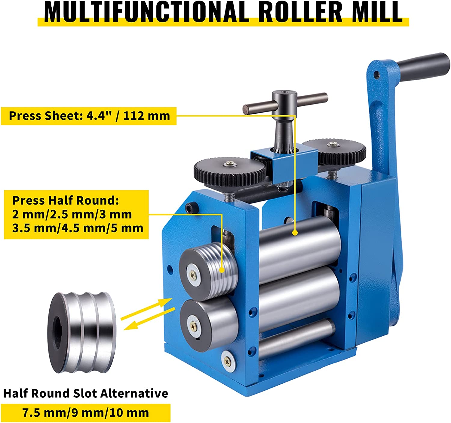 VEVOR Jewelry Rolling Mill 4.4"/112mm, Gear Ratio 1:2.5 Wire Roller Mill 0.1-7mm Press Thickness Manual Combination Rolling Mill w/Iron Roller for Jewelry Sheet Semicircle Pattern image 1