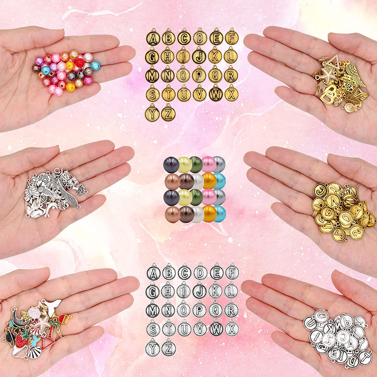 EuTengHao 569Pcs Jewelry Making Spacer Charms Beads Kit with Charm Letter Pendant Pearl Beads, Expandable Bangles,Waxed Cords,Pliers for Bracelet Necklace Earrings Rings Jewelry Making Findings image 6