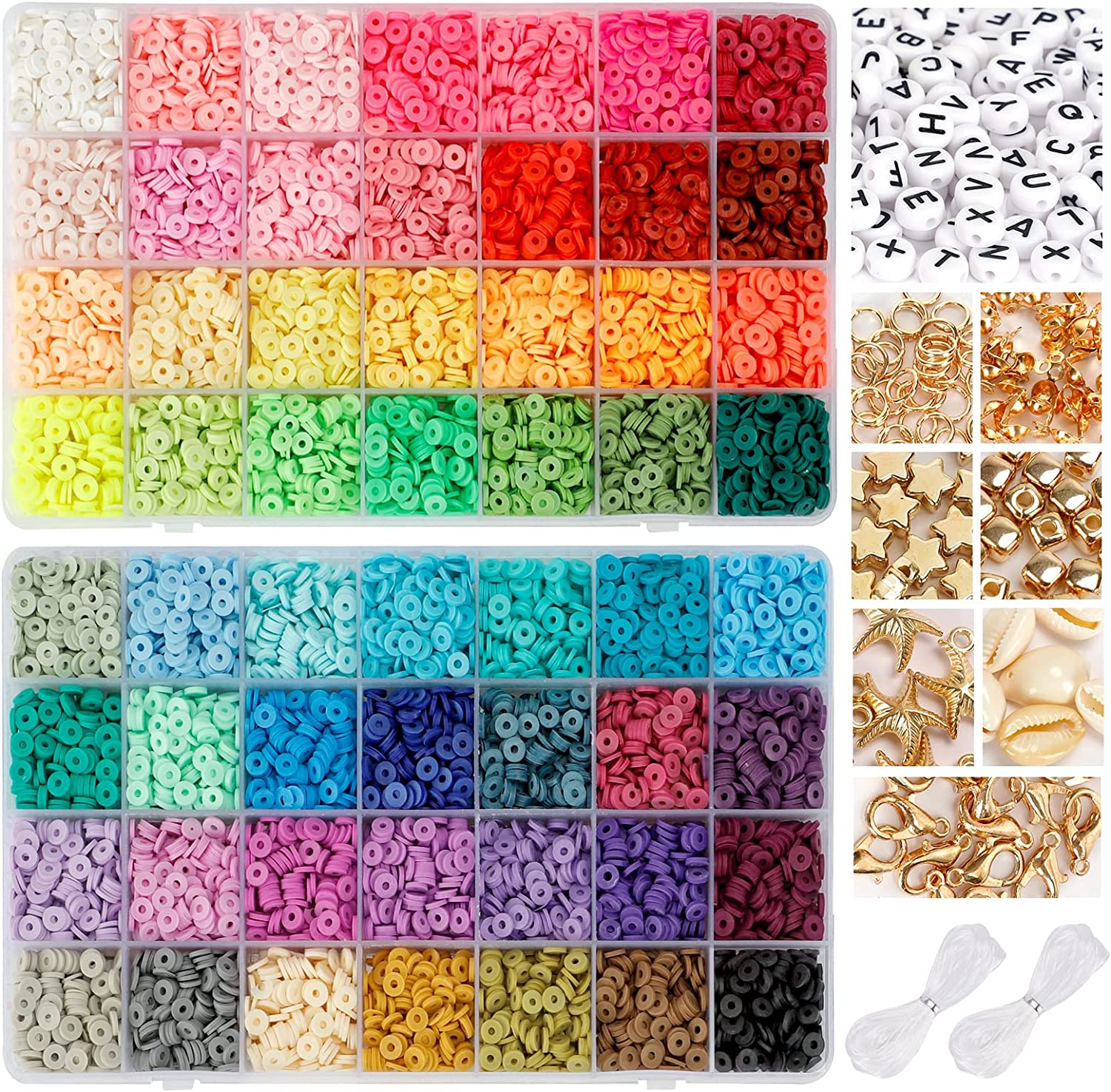 QUEFE 14420pcs Clay Beads for Bracelet Making Kit, 56 Colors Spacer Heishi Beads Flat Round Polymer Clay Beads with Pendant Charms Kits and Elastic Strings image 0
