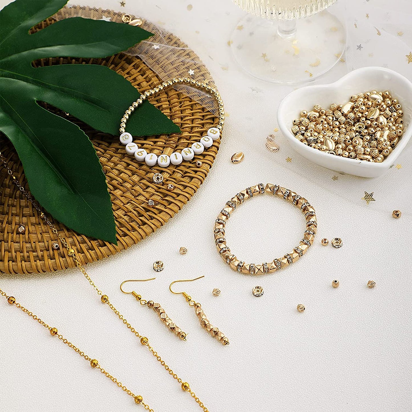 2000 Pieces DIY Assorted Spacer Beads Set Round Smooth Tiny Beads Watermelon Beads Round Rondelle Rhinestone Beads Cube Faceted Loose Beads Flat Disc Beads for Jewelry Crafts Making, Gold, Rose Gold image 3