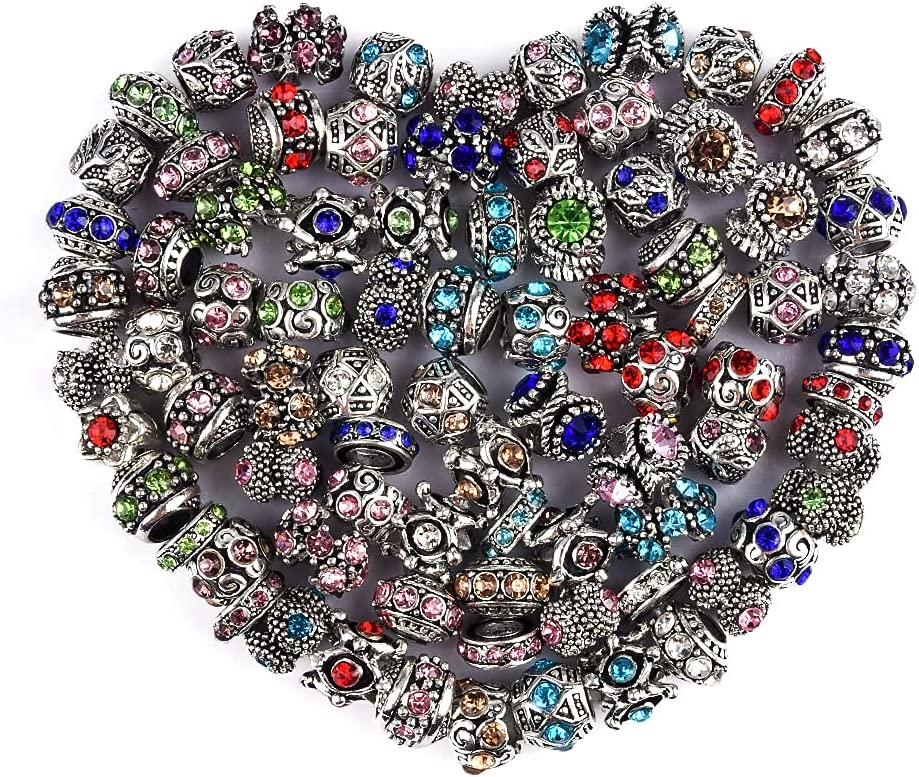 60 Pieces Assorted European Beads with Plating Silver Metal Alloy Rhinestone Large Hole Spacer Beads for DIY Charm Bracelet Jewelry Making (Inlaid Drill Alloy) image 0