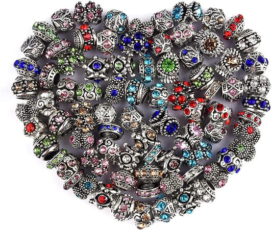 60 Pieces Assorted European Beads with Plating Silver Metal Alloy Rhinestone Large Hole Spacer Beads for DIY Charm Bracelet Jewelry Making (Inlaid Drill Alloy) image 0