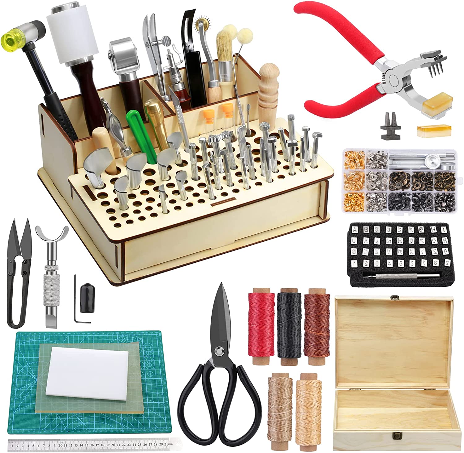 183Pcs Leather kit,Leathercraft Working Tool Kit with Saddle Making Tools Set,Leather Rivets Kit,Prong Punch,Leather Hammer for Leather Working,Leather Making,Leather Craft DIY image 0
