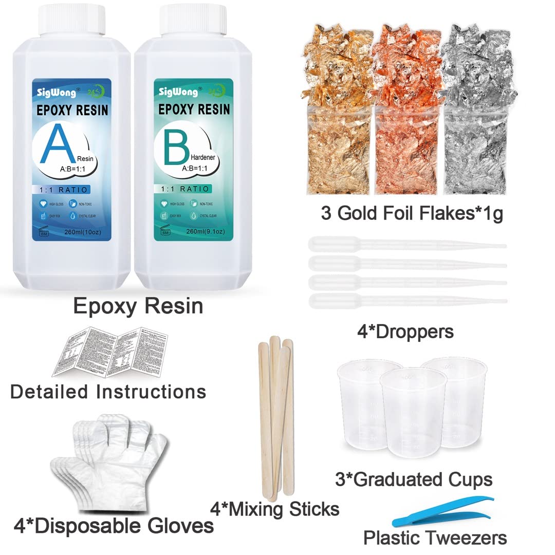 Epoxy Resin Clear Crystal Coating Kit 19.1oz - 2 Part Casting Resin for Art, Craft, Jewelry Making, River Tables, Bonus Gloves, Measuring Cup, Wooden Sticks, Dropper, Gold Foil Flakes and Tweezers image 1