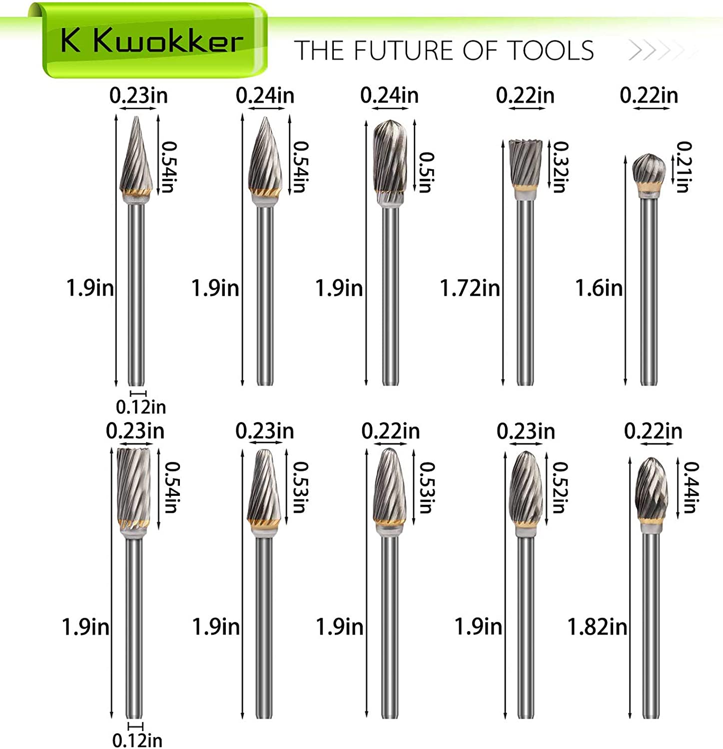 K Kwokker Tungsten Carbide Burr Set 1/8 Shank Diamond Files HRA85 Rotary Tool Accessory Kit, Drill Chucks Accessories for Dremel Rotary Drill Air Die Grinder for Metal Polishing, Wood Carving image 4