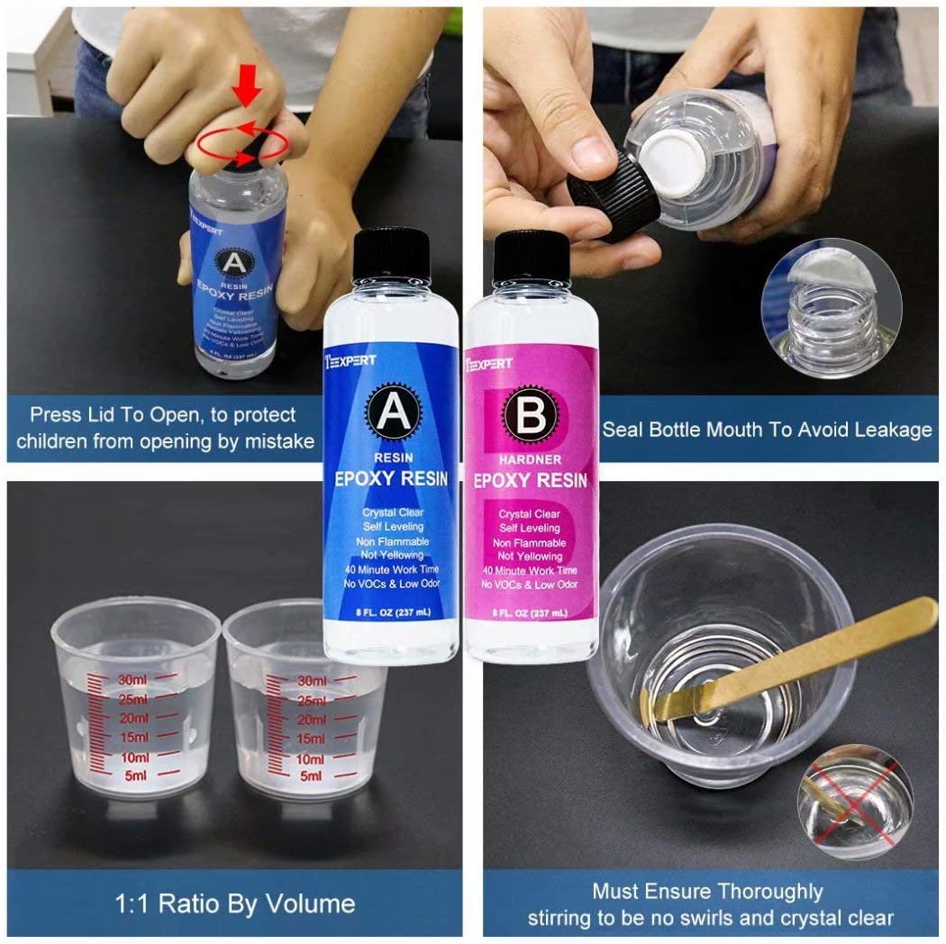 Teexpert 16OZ Epoxy Resin - Crystal Clear Resin Kit for Jewelry DIY Art Crafts Cast Coating Wood,Easy Cast Resin Bonus with 4 Sticks,2 Graduated Cups, 2 Pairs Gloves, 2 Droppers, 2 Beak Covers image 3