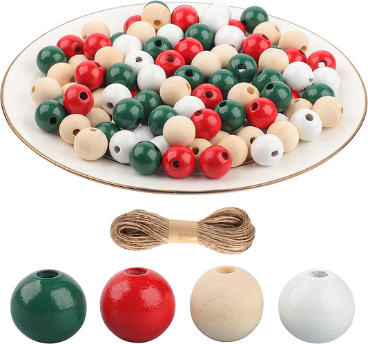 200 Pieces Christmas Wooden Beads Red White Natural Green Wood Spacer Beads Assorted Color Round Loose Beads for Craft Jewelry Making Garland Holiday Party Supplies image 0