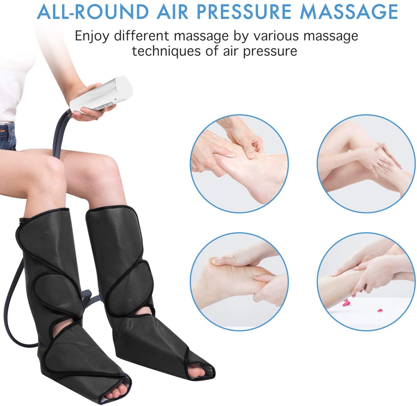 CINCOM Leg Massager for Foot Calf Air Compression Leg Wraps with Portable Handheld Controller - 2 Modes &amp; 3 Intensities (Black) image 4