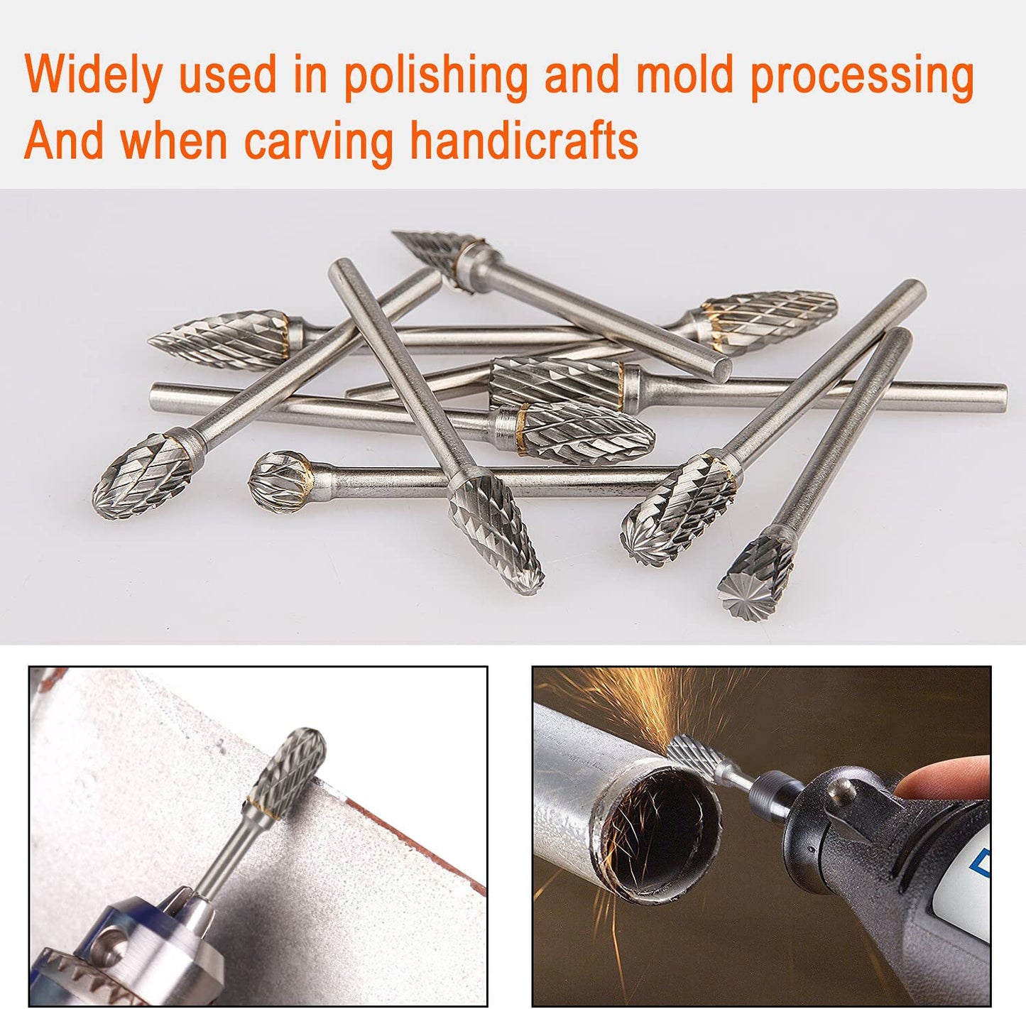 HOMEIDOL Carbide Burr Set Die Grinder Bits Rotary Tool Bits 1/8" Shank 10 PC Double Cut Wood Carving Accessories Cutting Burrs Metal Grinding Engraving Polishing Porting Trimming image 5