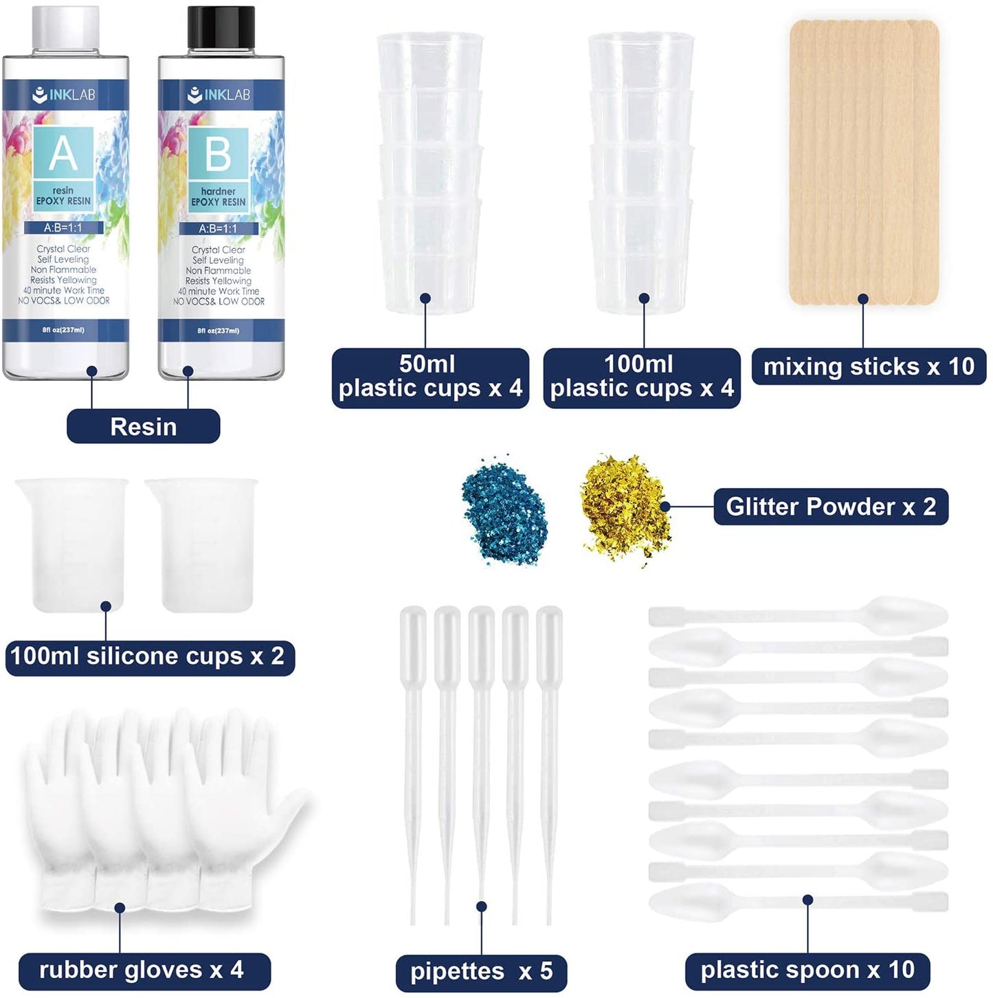 Epoxy Resin Crystal Clear Casting Kit 16 Oz Coating Resin Starter Kit for Beginners Jewelry Tumblers Arts Crafts, Mica Powders, Mixing Sticks, Silicone Cups, Gloves, Pipettes image 2