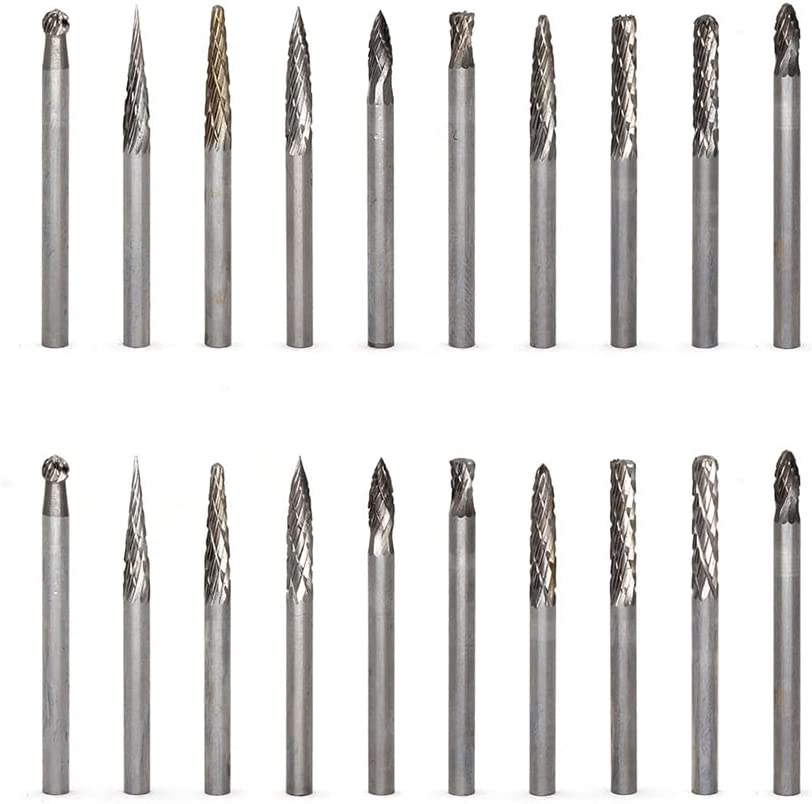 YUFUTOL 20pcs Solid Carbide Burr Set 0.118‘’（3mm）Shank Tungsten Carbide Rotary Files Burrs with 3mm Cutting Head Diameter Fits Most Rotary Drill Die Grinder for Woodworking,Engraving,Drilling,Carving image 2