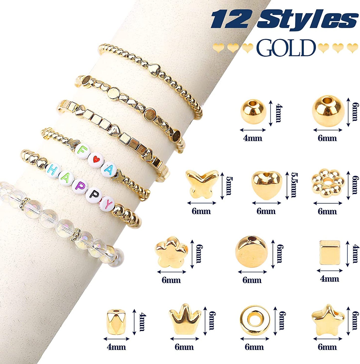 2700 Pieces 12 Styles Spacer Beads Set for Jewelry Making (Gold &amp; Silver), Assorted Loose Flower Start Heart Cube Crown Butterfly Round Ball Spacer Beads for DIY Bracelet Necklace Earring Crafts image 2