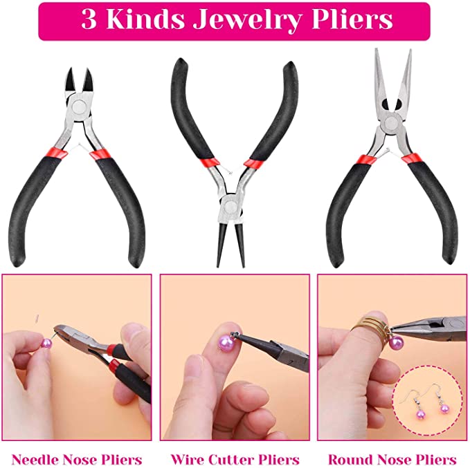 Jewelry Making Tools Set - High Quality Pliers, Nylon Jaw, Round Nose, Bent Nose, Diagonal Cut, Flat Nose, Wire Looping, Brass Ring, Ergonomic Handles, Zipped Carrying Pouch image 1