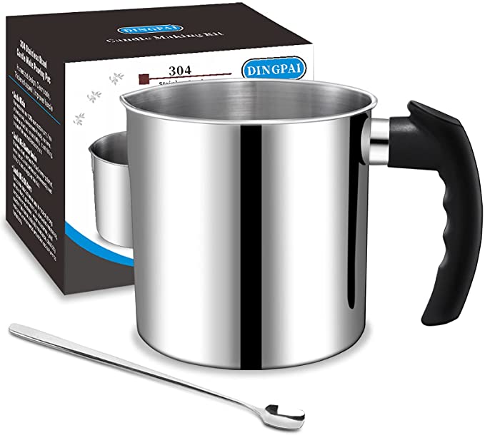 Candle Making Pouring Pot, DINGPAI 44oz Double Boiler Wax Melting Pot, 1pc Spoon, 304 Stainless Steel Candle Making Pitcher, Silver Color with Heat-Resistant Handle and Dripless Pouring Spout Design image 0