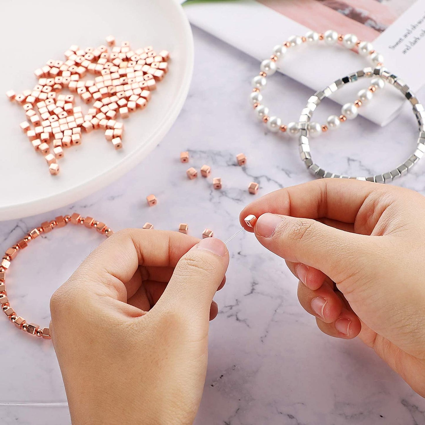 3000 Pieces Assorted Spacer Beads Include 1500 Faceted Rondelle Cube Spacer Column Bead, 900 Round Ball Spacer Bead, 600 Square Spacer Bead Charm Loose Bead for DIY Jewelry (Gold, Sliver, Rose Gold) image 4