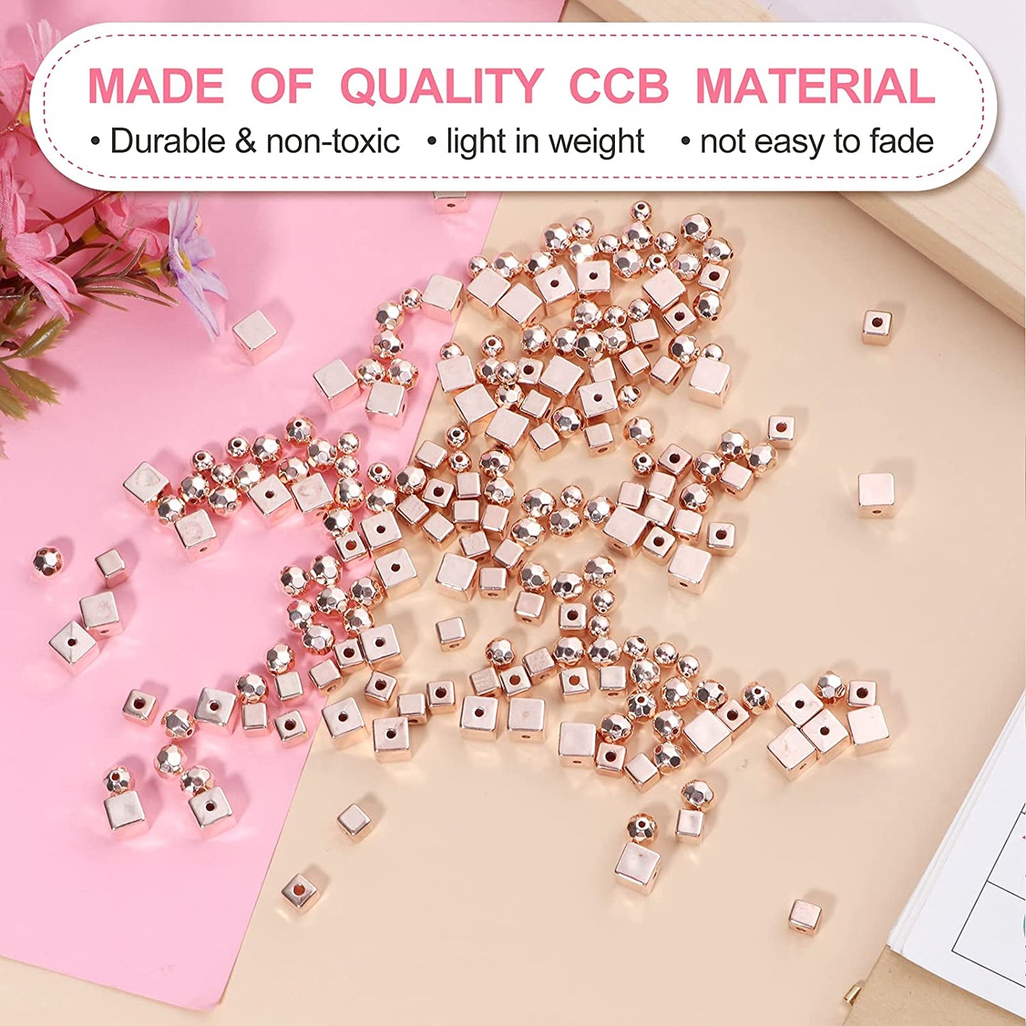 1800 Pieces Spacer Beads 4mm/ 6mm/ 8mm DIY Loose Beads Assorted Spacer Beads Round Square Rhombus Smooth Beads or Stackable Bracelet Jewelry Craft Making, Rose Golden image 2