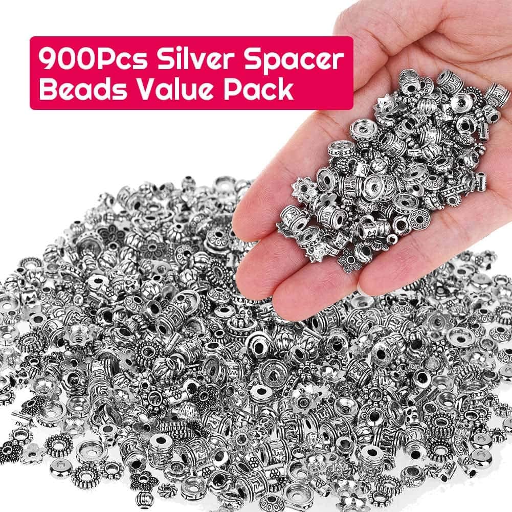 Silver Spacer Beads, Cridoz 900Pcs 17 Style Spacer Beads for Jewelry Making Bracelet Necklace Jewelry Findings Accessories image 1