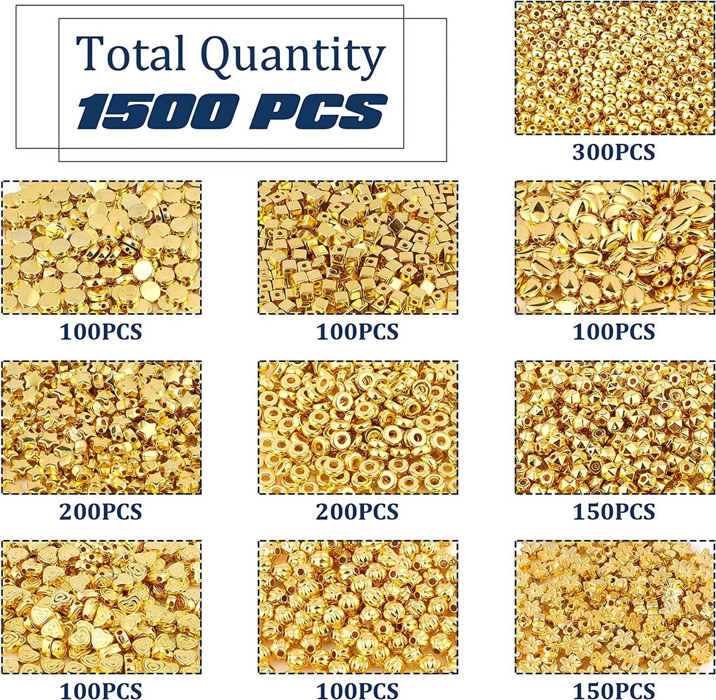 1500Pcs 10 Styles Gold Spacer Beads Assorted Jewelry Making Loose Beads for DIY Bracelet Necklace Earring Craft Making image 2