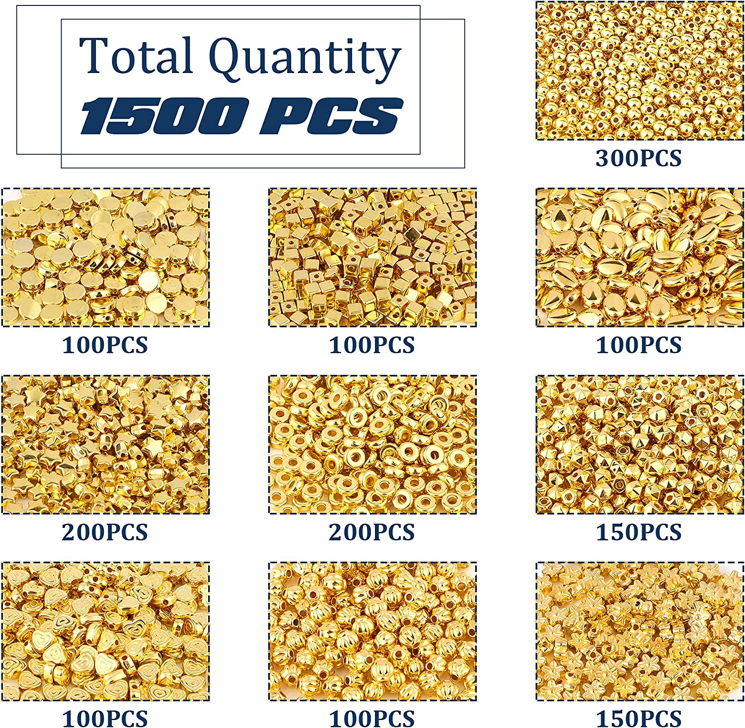 1500Pcs 10 Styles Gold Spacer Beads Assorted Jewelry Making Loose Beads for DIY Bracelet Necklace Earring Craft Making image 2