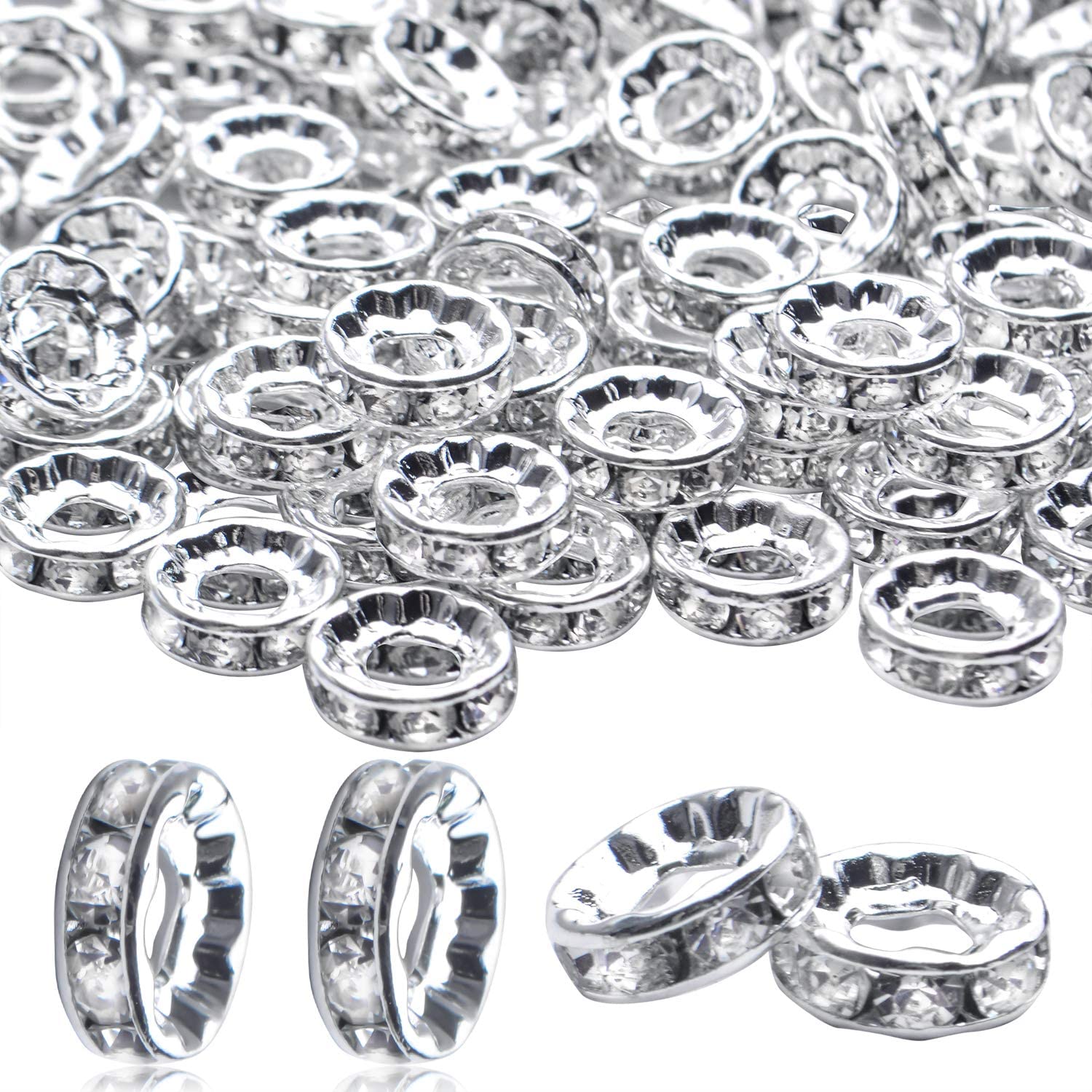 BronaGrand Rhinestone Spacer Beads,100Pcs Crystal Rhinestone Spacer Beads Large Hole European Beads Metal Beads Supplies for DIY Bracelet Necklace Jewelry Making image 0