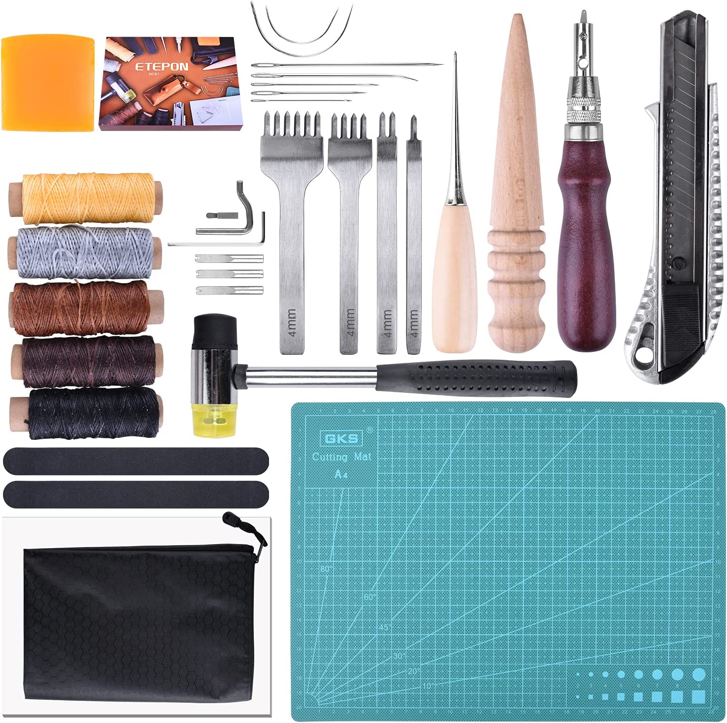 Leather Tools Set and Supplies, ETEPON Leather Sewing Tools, Leather Working Kits Supplies with Leather Tool Box Prong Punch Edge Beveler, Wax Threads Needles, Perfect for Stitching Punching Cutting image 0