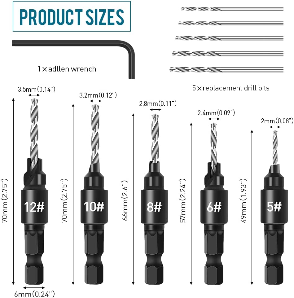 Countersink Drill Bit Set, 5Pcs Quick Change 1/4" Hex Shank Adjustable Countersink Set, 5pcs Free Replaceable Drill Bits with One Hex Wrench, Woodworking Countersink Drill Bits image 4