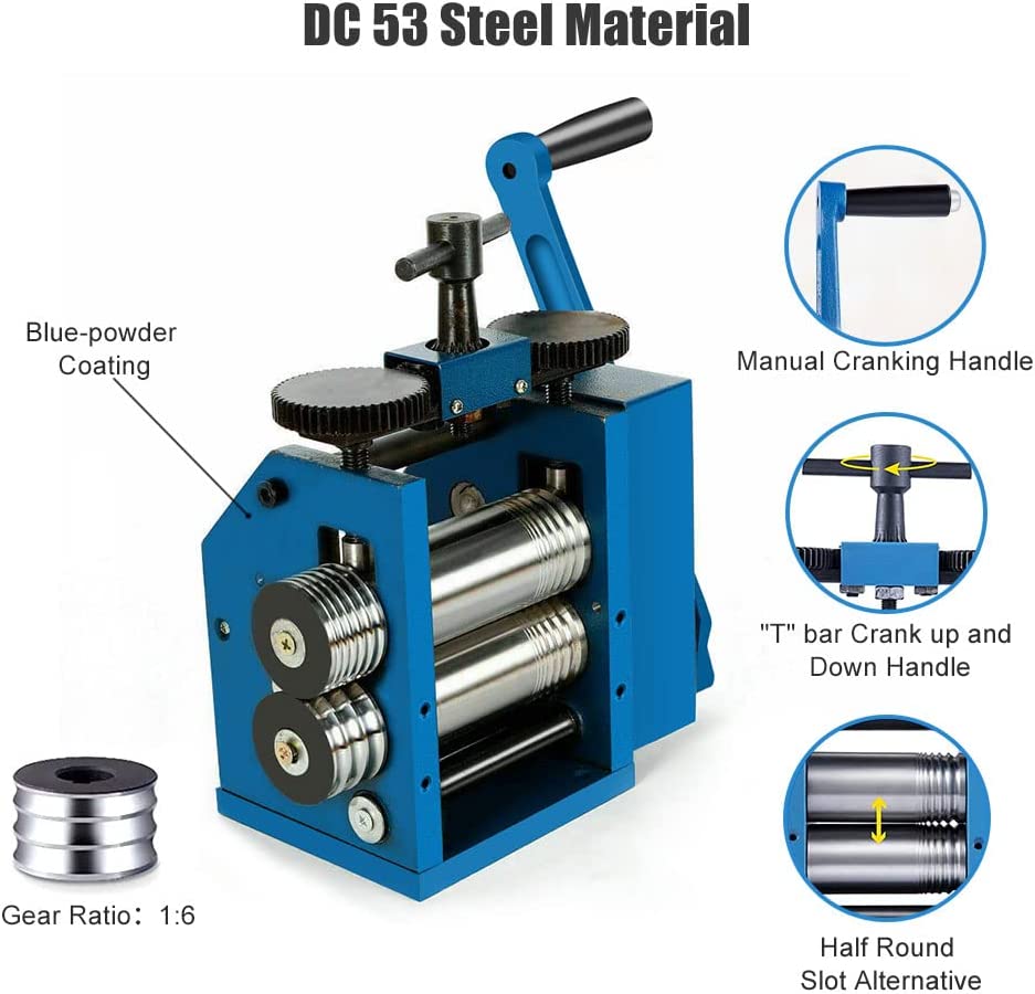 Jewelry Rolling Mill Machine 3 inch 75mm Manual Combination Rolling Mill Gear Ratio 1:6 Presser Rolling Mills for Jewelry Making Square Wire Flat Semicircle Pattern Metal Sheet Marking DIY Tools image 3