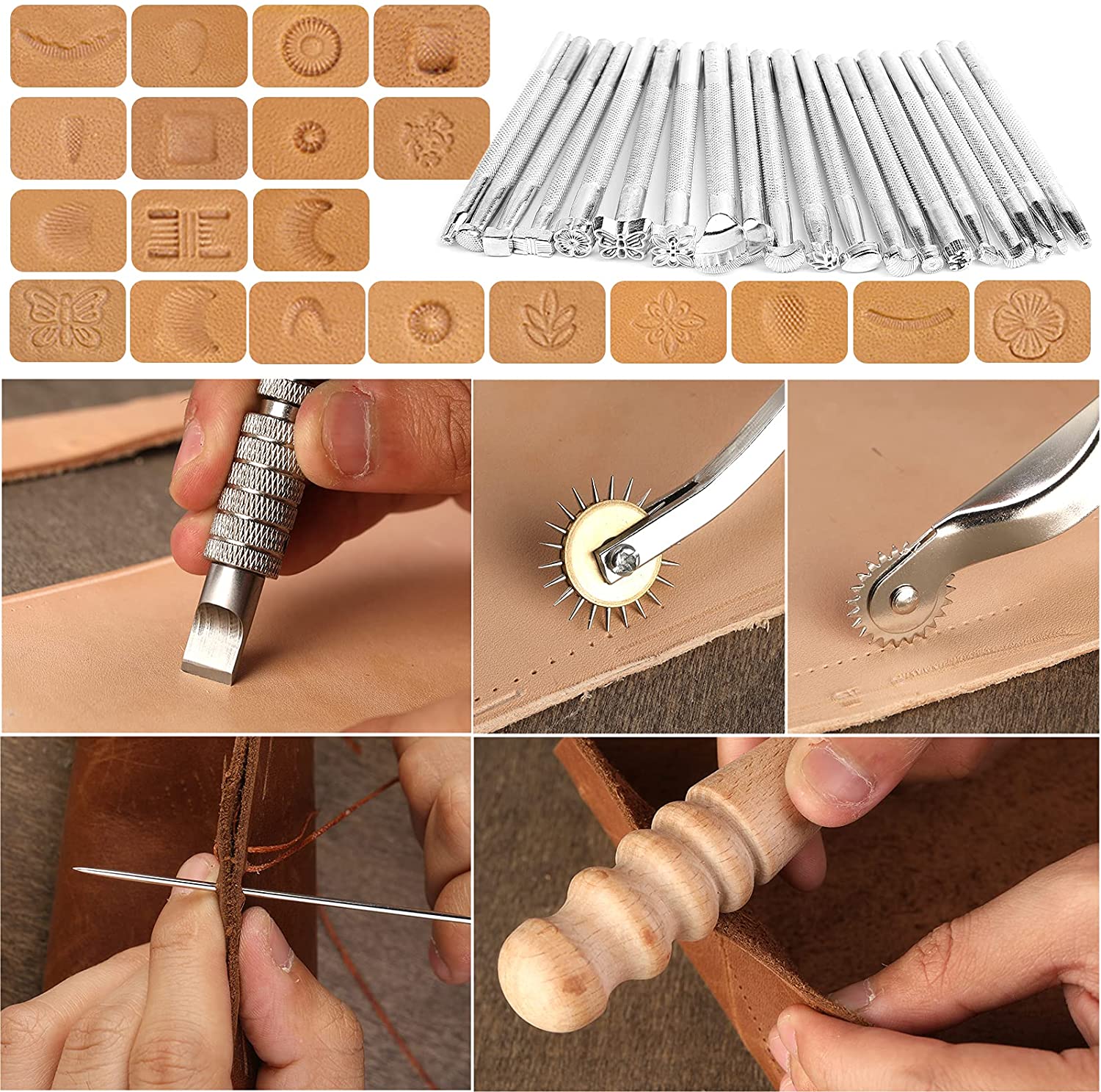 50 Pieces Leather Working Tools and Supplies with Leather Tool Box Prong Punch Edge Beveler Wax Ropes Needles Perfect for Stitching Punching Cutting Sewing Leather Craft Making image 4