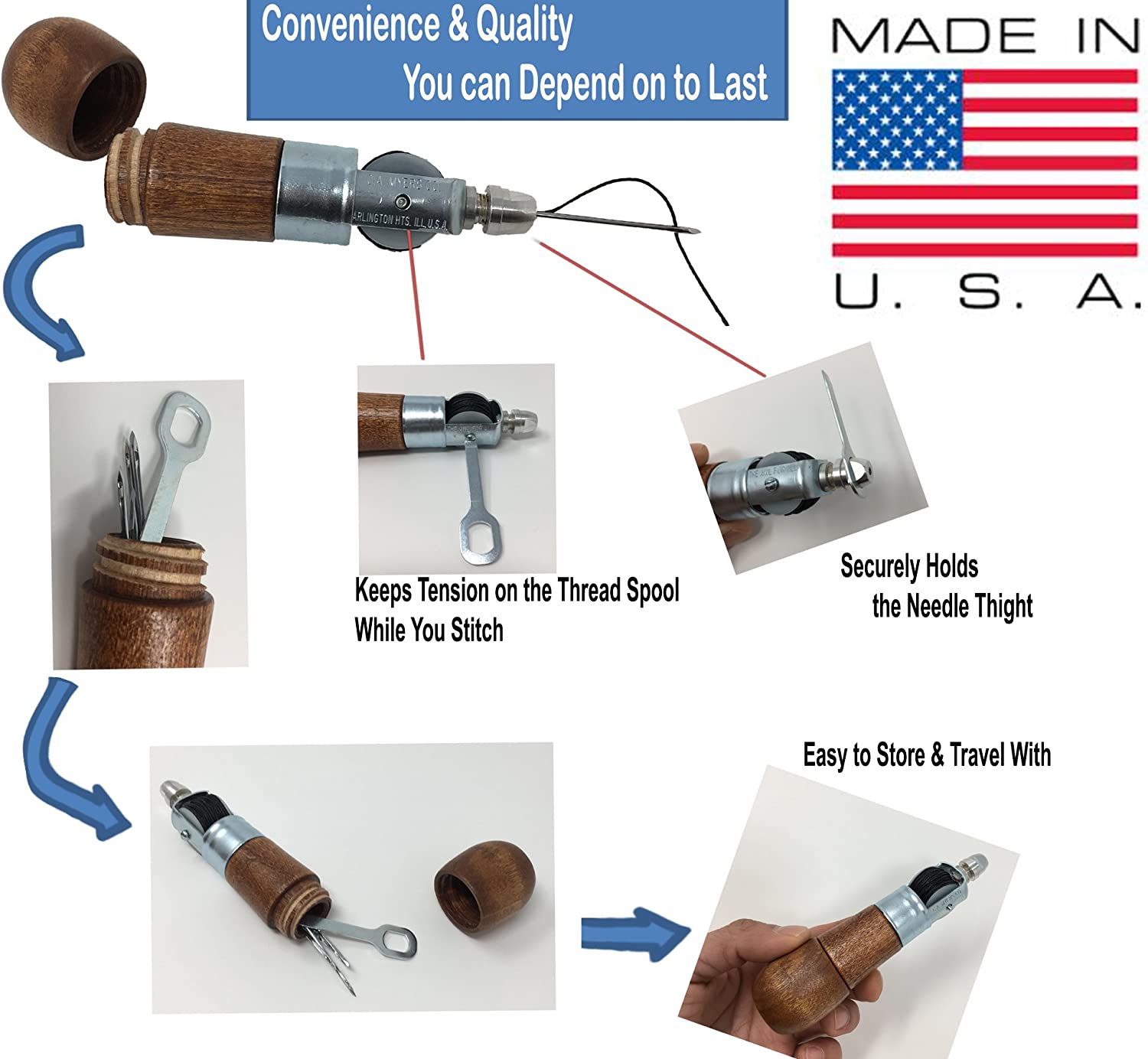 Professional Leathercraft Accessories, Sewing, Stitching Awl Tool Kit &amp; Supplies, HEAVY DUTY - MADE in USA – DIY Craft, Leather, Heavy Fabric, Canvas, Upholstery, Bag, Shoe, Belt Repair Lockstitch Set image 2