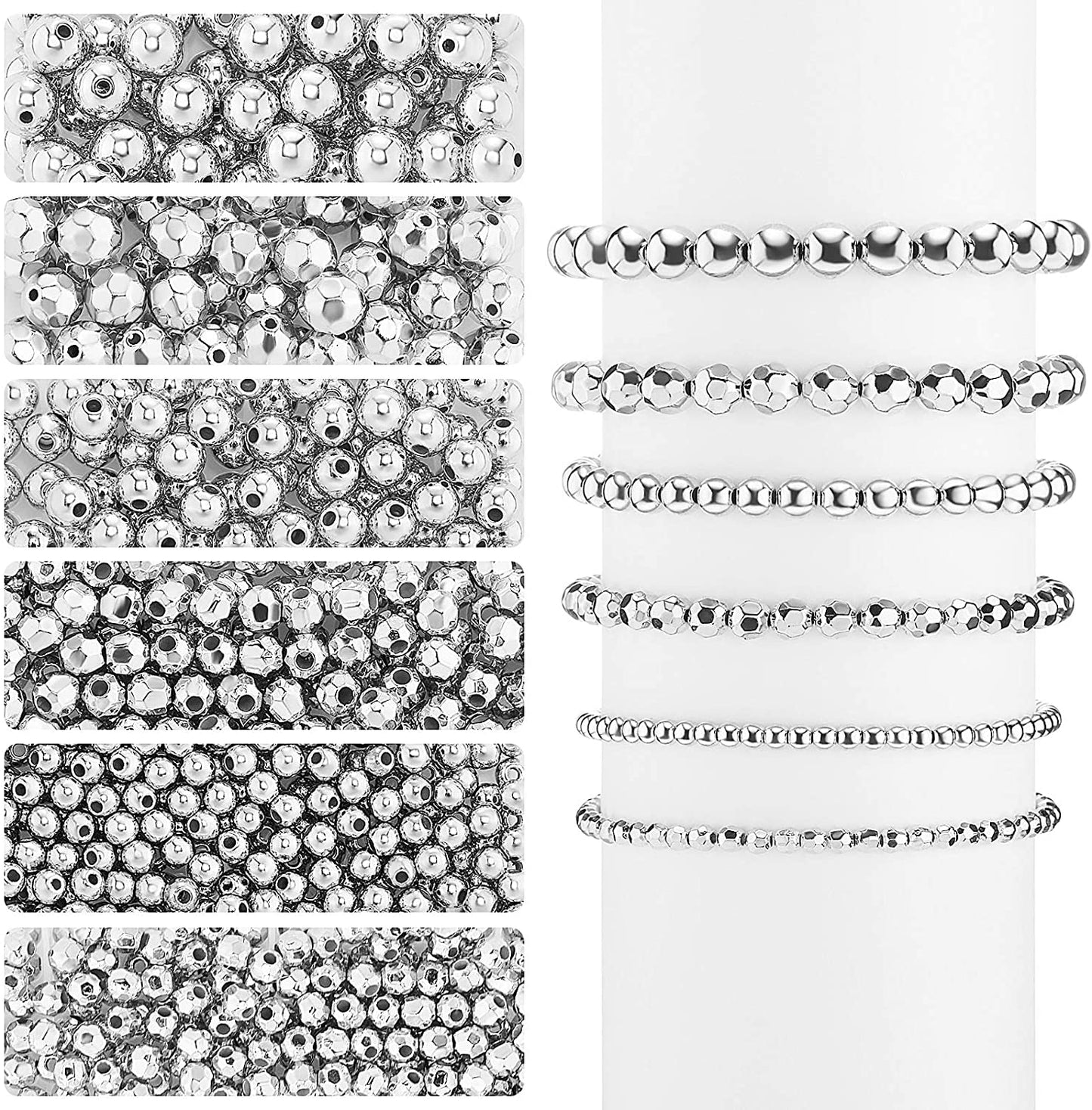 1200 Pieces Spacer Beads Loose Beads Set Includes 600 Pieces Round Ball Smooth Beads and 600 Pieces Faceted Spacer Beads for Stackable Bracelet Jewellery Craft Making DIY, 8 mm, 6 mm, 4 mm (Silver) image 0