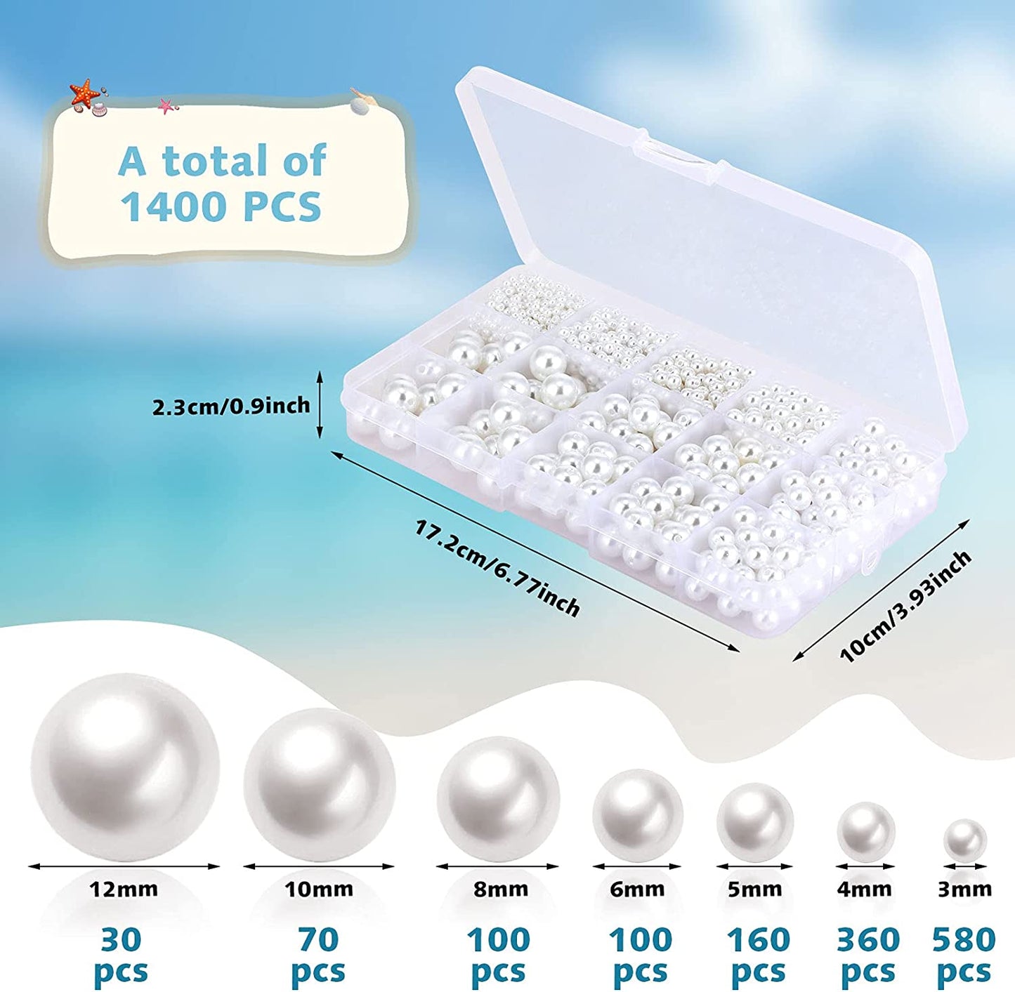 1400 Pieces Craft Pearl Beads with Holes Assorted Size Loose Faux Plastic Pearls 3 mm 4 mm 5 mm 6 mm 8 mm 10 mm 12 mm Full Round Spacers for Jewelry Making Sewing Crafting (White) image 1