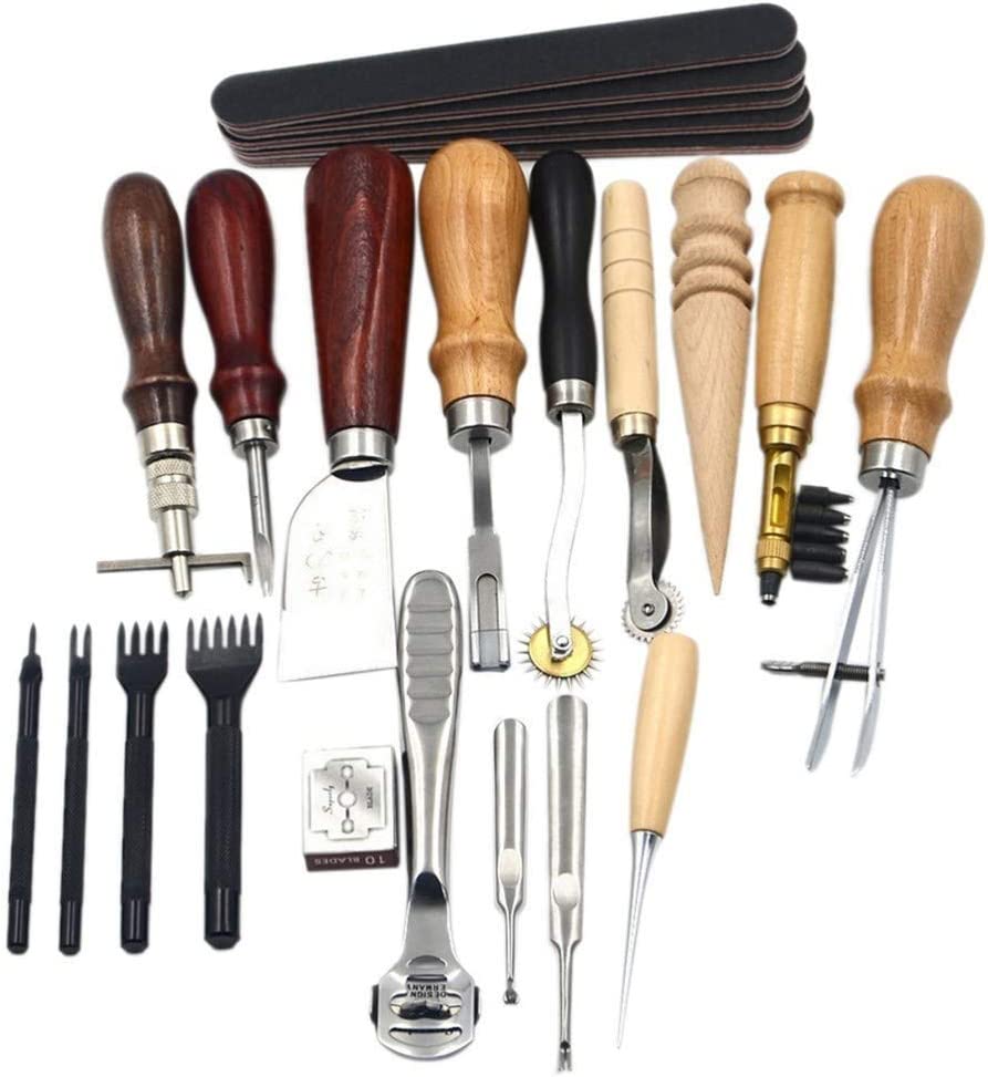 19Pcs Leather Craft Sewing Tools Punch Kit Stitching Working Groover Thread Awl Trimming Hand Set image 0