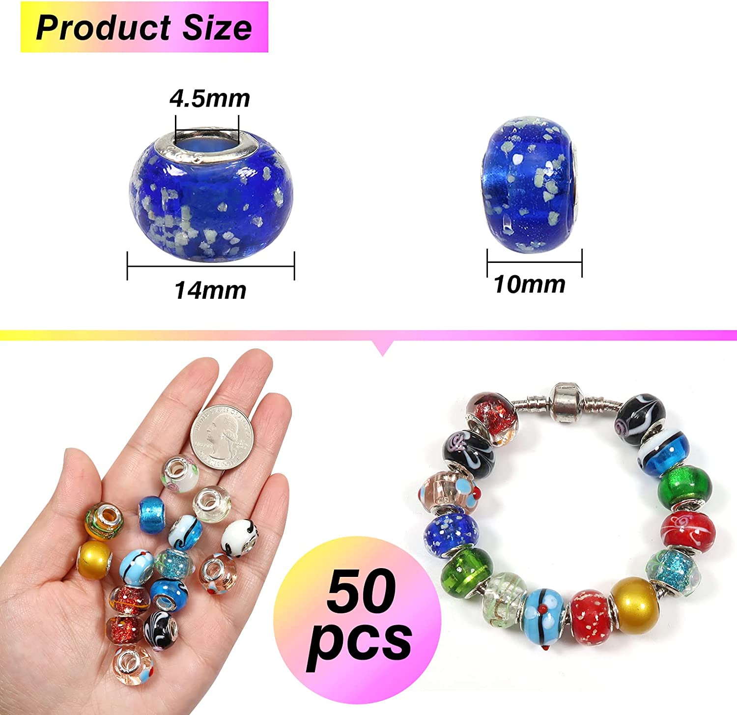 TOAOB 50pcs Assorted European Craft Beads Glass Large Hole Spacer Beads Assortments with Brass Silver Core for DIY Crafts Bracelet Necklace Jewelry Making image 1