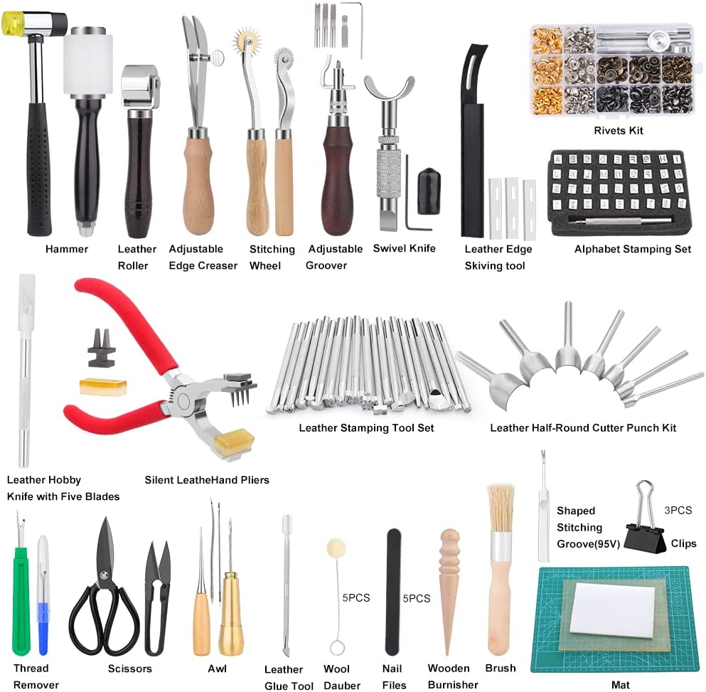 447 Pieces Leather Working Tools and Supplies with Instruction, Leathercraft Tools Kit, Leathercraft Tools Holder, Leather Craft Stamping Tools, Stitching Hole Punch, Leather Working Saddle Making image 1