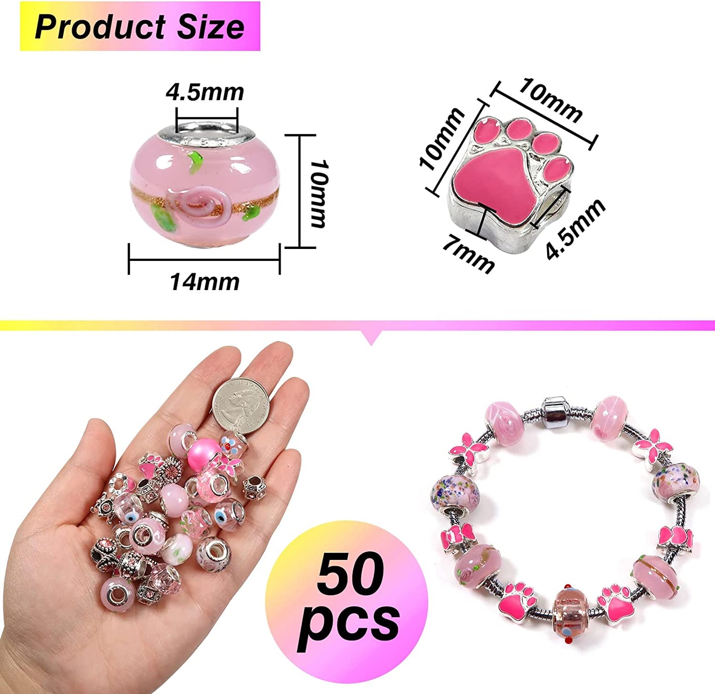 TOAOB 50pcs Pink European Large Hole Beads Spacer Glass Lampwork Craft Beads Rhinestone Metal Beads for DIY Charms Bracelet Necklace Jewelry Making image 1
