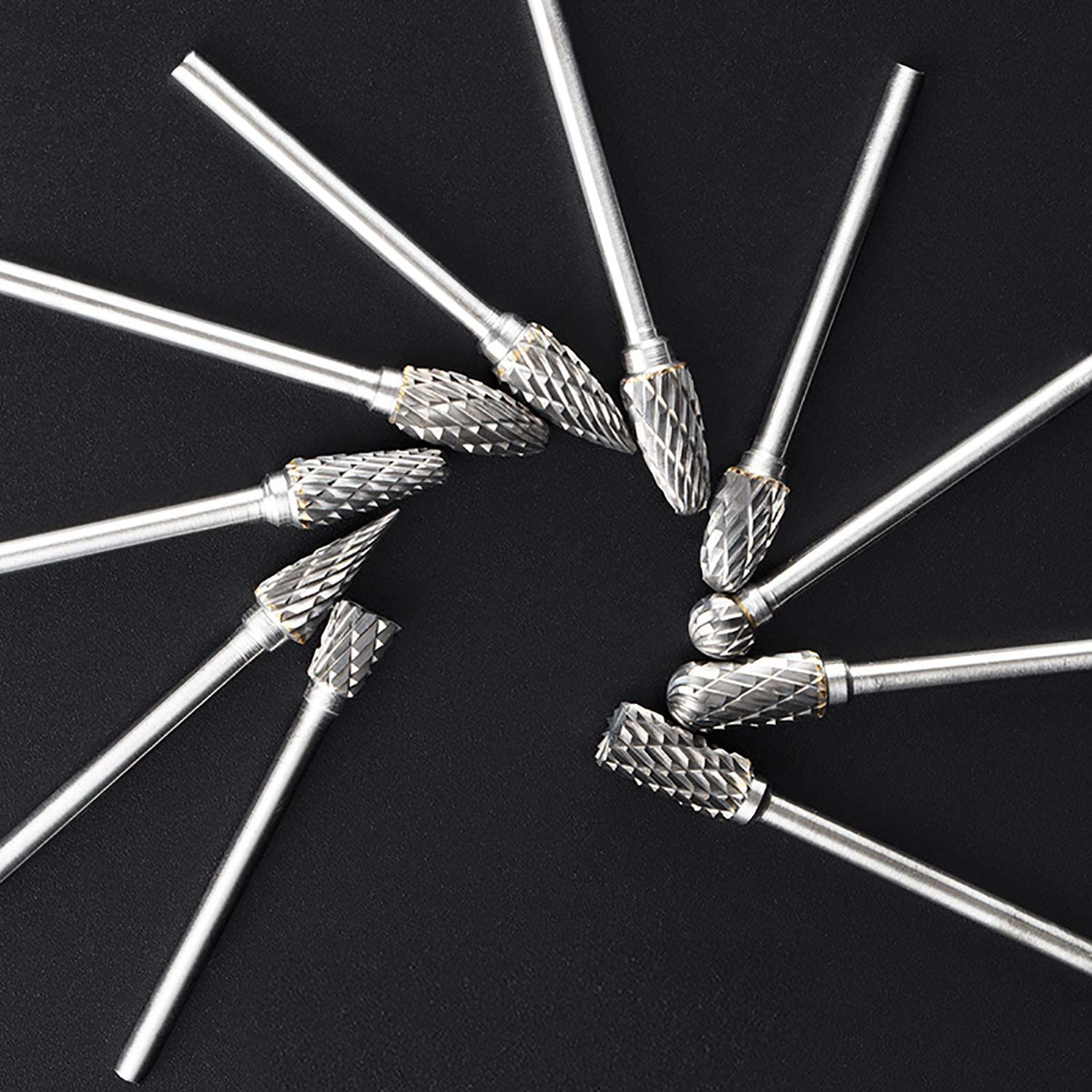 Rotary Burr Set, 10pcs Tungsten Carbide Rotary Burrs Set Double Cut Points Files Grinder Fit Rotary Tool for Engraving Wood Working Carving Polishing and Drilling, 1/8" Bit Shank 1/4” Head Size image 4