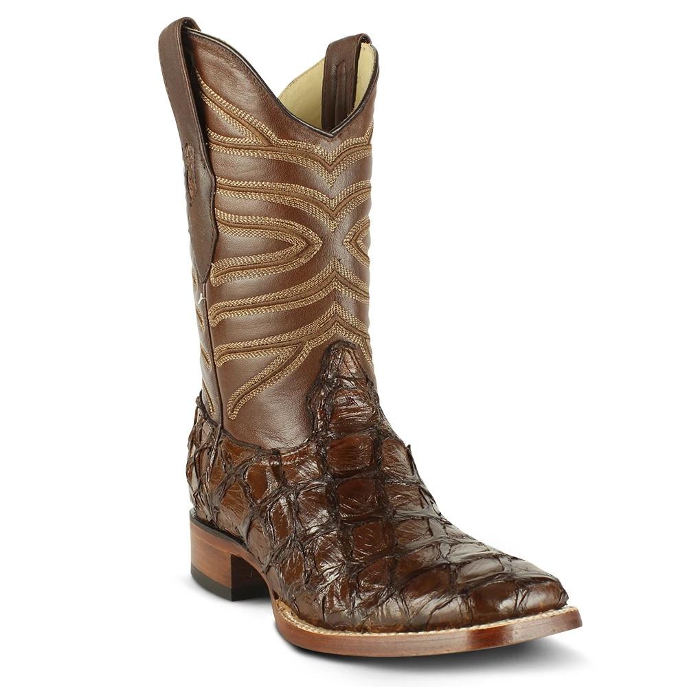 Los Altos Boots Mens #8221007 Wide Square Toe | Genuine Pirarucu Fish Boots | Color Brown image 0