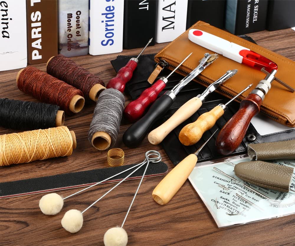 ELECTOP 31 Pcs Leather Sewing Tools DIY Leather Craft Tools Hand Stitching Tool Set with Groover Awl Waxed Thread Thimble Kit image 4
